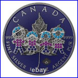 1 Oz Silver Coin 2021 $5 Canada Maple Leaf Big Family Blue Bejeweled Colored