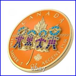 1 Oz Silver Coin 2021 $5 Canada Maple Leaf Big Family Orange Bejeweled Colored