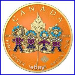 1 Oz Silver Coin 2021 $5 Canada Maple Leaf Big Family Orange Bejeweled Colored