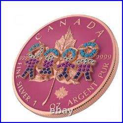 1 Oz Silver Coin 2021 $5 Canada Maple Leaf Big Family Pink Bejeweled Colored