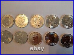 10 X 1 Oz Canadian Silver Coins. Various Years 2003 To 2020