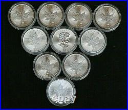 10x Canadian Maple 1oz Silver Bullion Coins In Capsules Unc. 9999