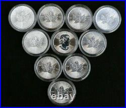 10x Canadian Maple 1oz Silver Bullion Coins In Capsules Unc. 9999