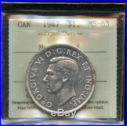1947 Canada Silver Dollar Coin ICCS MS-63 Rare Maple Leaf Cert #XCG235