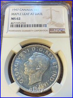 1947 Maple Leaf Canada Silver Dollar. Ngc Ms62