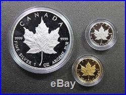 1989 Canada Comm Maple Leaf 3 pc. Gold, Silver, and Platnum Proof Set with box coa