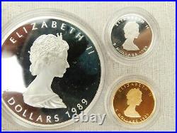 1989 Canadian Mint Maple Leaf Box Set & COA Gold Platinum & Silver 3 x $5