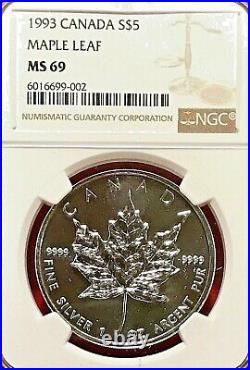 1993 $5 Canada Silver Maple Leaf Ngc Ms-69