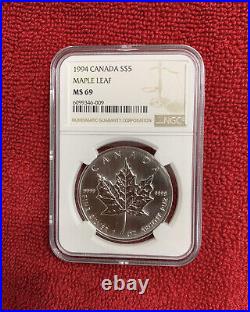 1994 Canada $5 Maple Leaf 1 OZ Silver Coin NGC MS 69