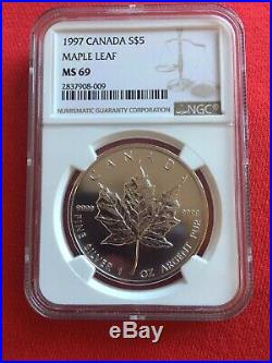 1997 1 Oz. Silver Maple Leaf $5 NGC MS 69 Low Pop Highest Grade Key Date