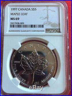 1997 1 Oz. Silver Maple Leaf $5 NGC MS 69 Low Pop Highest Grade Key Date