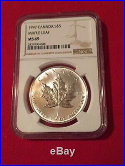 1997 1 Oz. Silver Maple Leaf $5 NGC MS 69 Lowest Mintage KEY DATE Highest Grade