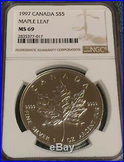1997 1 Oz. Silver Maple Leaf $5 NGC MS 69 Only 100,970- Low Population NGC 71