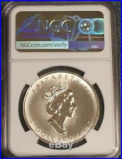 1997 1 Oz. Silver Maple Leaf $5 NGC MS 69 Only 100,970- Low Population NGC 71