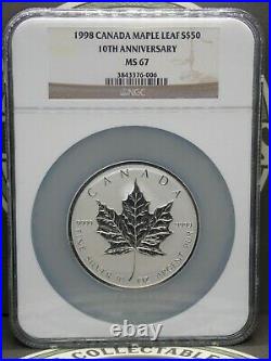 1998 $50 CANADA 10oz Maple Leaf 10th Ann. Silver. 9999 NGC M67 ECC&C, Inc