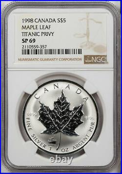 1998 Canada 5$ Maple Leaf Titanic Privy Ngc Sp 69 Silver Finest Known