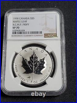 `1998 Canadian Maple Leaf RCMP privy 1 oz. 9999 silver coin NGC SP 70