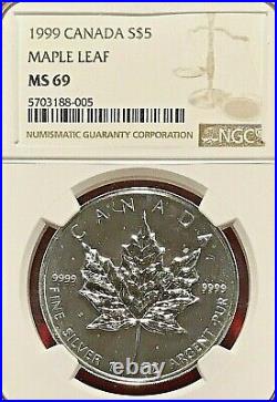 1999 $5 Canada Silver Maple Leaf Ngc Ms-69