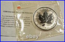 1999 CANADA $5 SILVER MAPLE LEAF RABBIT PRIVY MARK w COA 1 OZ COIN REVERSE PROOF