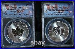 2-Coin Set Silver $5 Maple Leaf 2018 ANACS MS70 1st Release Incused & 30th Anniv