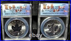 2-Coin Set Silver $5 Maple Leaf 2018 ANACS MS70 1st Release Incused & 30th Anniv