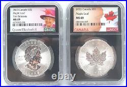 2 Coins 2022, 2023 Canada $5 Maple Leaf 1oz. 999 Silver NGC MS69