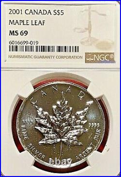2001 $5 Canada Silver Maple Leaf Ngc Ms-69