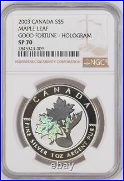 2003 CANADA $5 MAPLE LEAF GOOD FORTUNE HOLOGRAM NGC SP70 w COA SILVER COIN