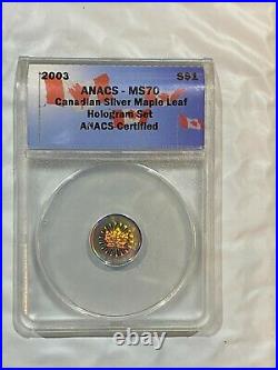 2003 Canada Maple Leaf Hologram Set 5 Silver Coins ANACS MS70 with Wood Case