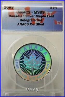 2003 Canada Silver Maple Leaf Hologram 5 Coin Set ANACS MS69 withWood Box