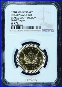 2004 Canada $20 25th Ann Maple Leaf 1/2 oz. 9999 Gold Coin with Silver NGC MS 70