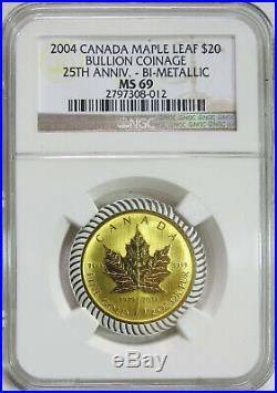 2004 Canada 25th Anniv. 1/2 oz. Gold Maple Leaf Silver Bimetallic NGC MS 69