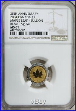 2004 Canada 25th Anniv. 1/20 oz. Gold Maple Leaf Silver Bimetallic NGC MS 69