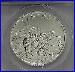 2011 Canada Silver 5 Dollars, Maple Leaf, Grizzly Bear Anacs Ms70 Gem