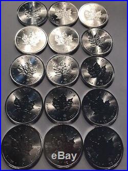 2014 1 oz Silver Canadian Maple Leaf. 9999 Fine Silver Bullion (15 Oz Total)