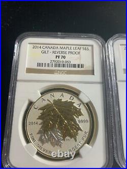 2014 CANADA REVERSE PROOF SILVER MAPLE LEAF With GOLD GILT Ngc Pf70 5 COIN SET