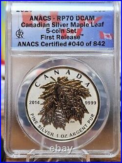 2014 Canada 5-Coin Silver Reverse Proof Maple Leaf Gold Gild Set ANACS RP70 DCAM