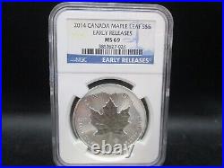 2014 Canada Maple Leaf. 9999 Fine Silver 1 Ounce 5 Dollar NGC MS 69 Early Releas