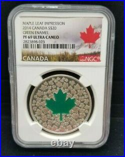 2014 Canada Maple Leaf Impression Green Enamel $20 1 oz Silver NGC PF69 UC