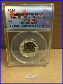 2014 Canadian Maple Leaf 5 Coin Set Anacs Pr 70 Dcam Reverse Proof Silver Coins
