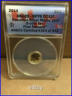 2014 Canadian Maple Leaf 5 Coin Set Anacs Pr 70 Dcam Reverse Proof Silver Coins