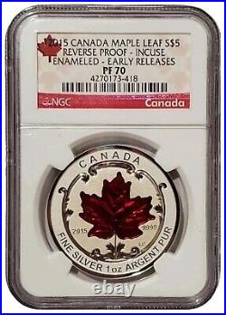 2015 1 Oz Silver $5 REVERSE PROOF MAPLE LEAF INCUSE Enameled NGC PF70 ER Coin