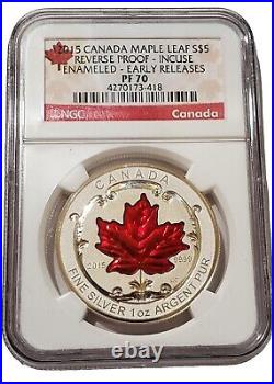 2015 1 Oz Silver $5 REVERSE PROOF MAPLE LEAF INCUSE Enameled NGC PF70 ER Coin