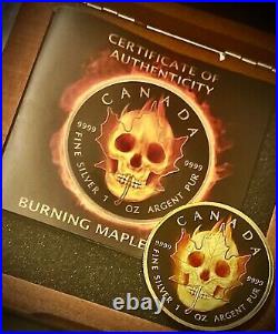 2015 1 Oz Silver Canadian $5 Burning Maple Skull Black Ruthenium 24KT Gold COA