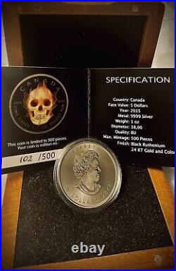 2015 1 Oz Silver Canadian $5 Burning Maple Skull Black Ruthenium 24KT Gold COA