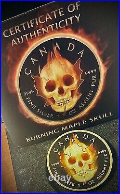 2015 1 Oz Silver Canadian $5 Burning Maple Skull Black Ruthenium 24KT Gold COA