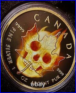 2015 1 Oz Silver Canadian $5 Burning Maple Skull Black Ruthenium 24KT Gold COA