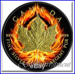 2015 Burning Maple 1oz Silver Coin Black Ruthenium and 24kt Gold Gilded