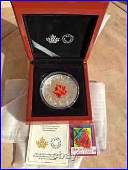 2016 CANADA MURANO GLASS MAPLE LEAF AUTUMN RADIANCE 5 Oz Pure Silver Coin