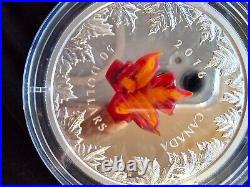 2016 CANADA MURANO GLASS MAPLE LEAF AUTUMN RADIANCE 5 Oz Pure Silver Coin